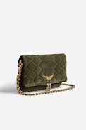Rock Quilted Suede Clutch - Women’s khaki snakeskin-effect quilted suede clutch with wings charm.