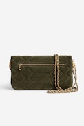 Rock Quilted Suede Clutch - Women’s khaki snakeskin-effect quilted suede clutch with wings charm.