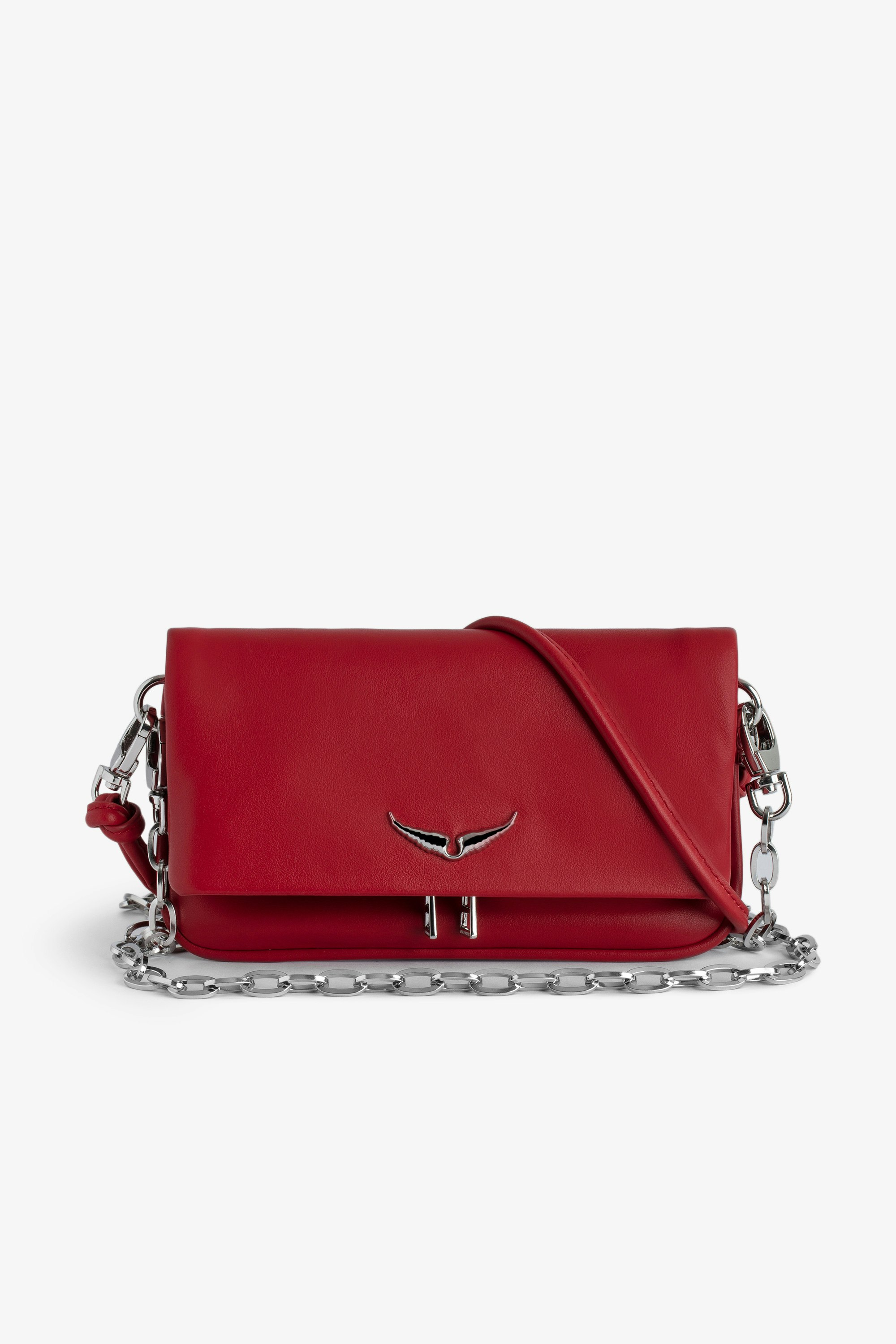 Rock Nano Eternal Clutch - Small red smooth leather clutch with tied handle and chain.
