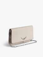 Clutch Rock Eternal - Women’s white smooth leather clutch with tied shoulder strap, chain and wings.