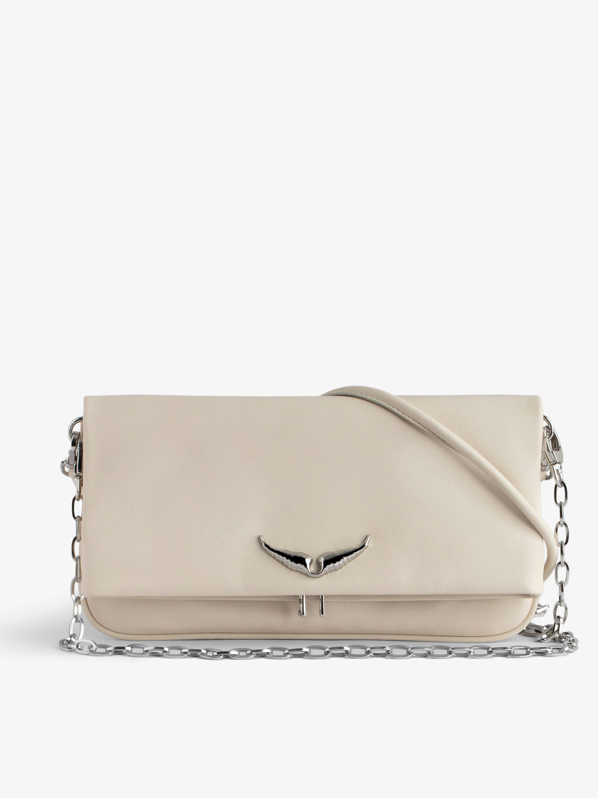 Rock Eternal Clutch - Women’s white smooth leather clutch with tied shoulder strap, chain and wings.