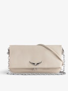 Clutch Rock Eternal - Women’s white smooth leather clutch with tied shoulder strap, chain and wings.