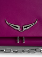 Rock Eternal Clutch - Women’s fuchsia smooth leather clutch with tied shoulder strap, chain and wings.