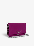 Rock Eternal Clutch - Women’s fuchsia smooth leather clutch with tied shoulder strap, chain and wings.