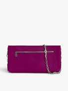Rock Eternal Clutch - Women’s fuchsia smooth leather clutch with tied shoulder strap, chain and wings.