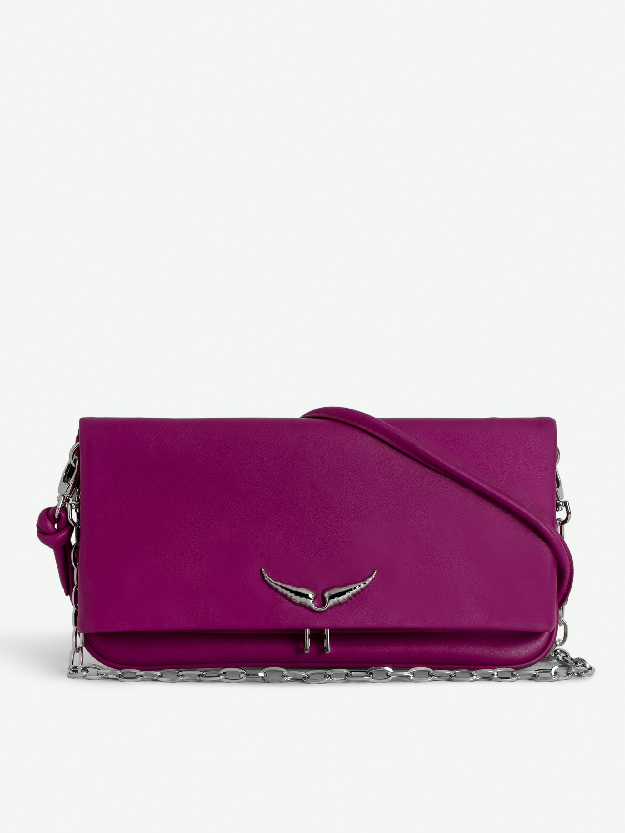 Rock Eternal Clutch - Women’s fuchsia smooth leather clutch with tied shoulder strap, chain and wings.