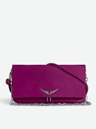 Rock Eternal Clutch - Women’s fuchsia smooth leather clutch with tied shoulder strap, chain and wings.