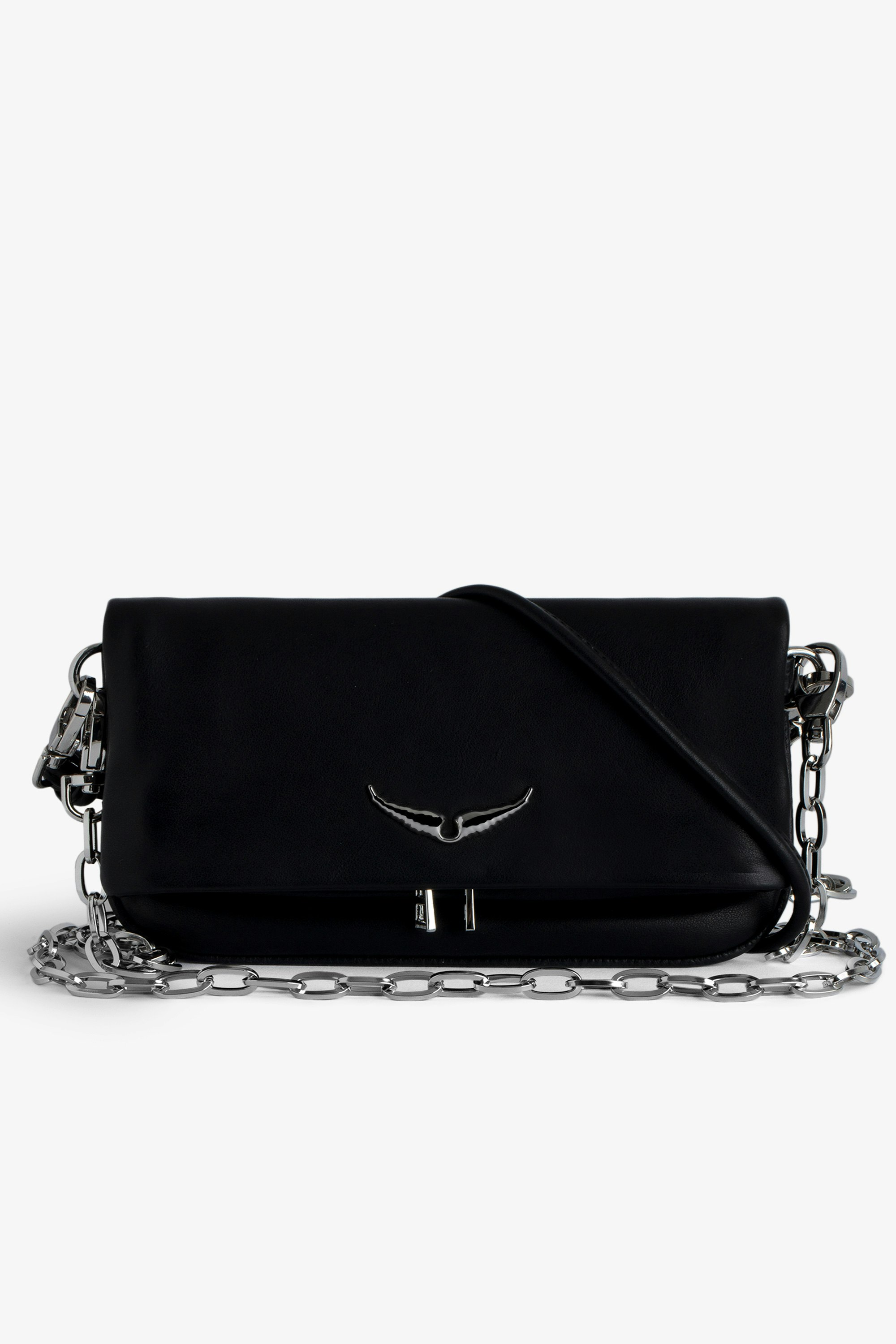 Rock Eternal Clutch - Black smooth leather clutch with double leather and chain straps.