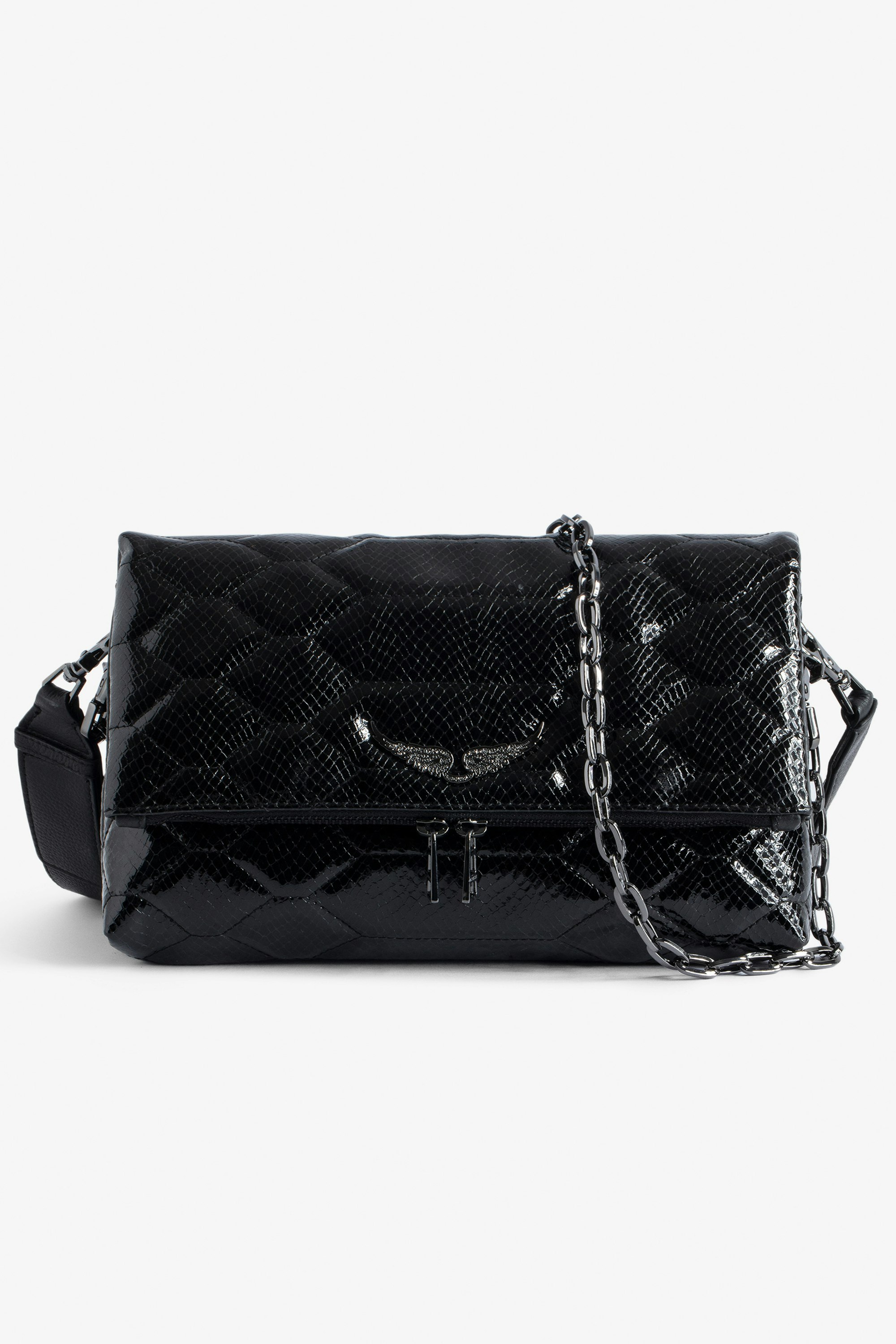 Rocky Quilted Bag - Women’s black quilted python-effect patent leather bag with shoulder strap and chain.