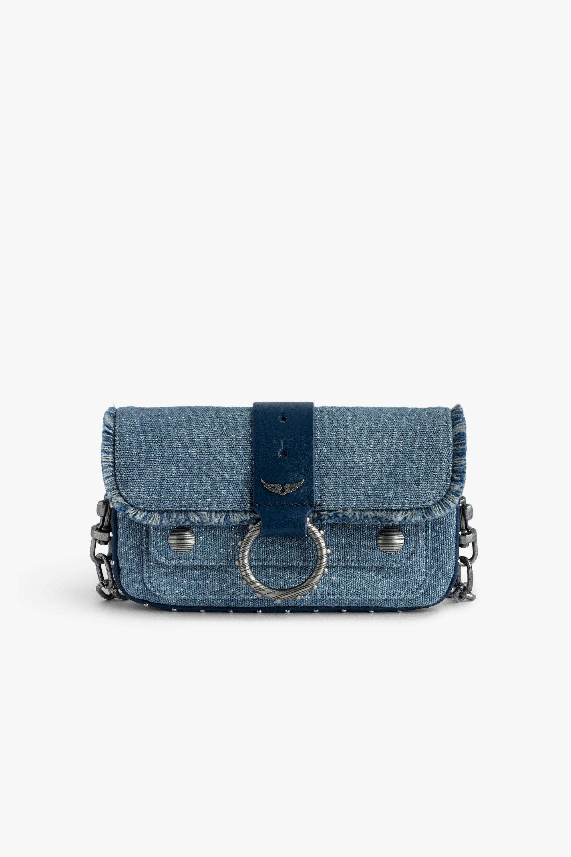 Tasche Kate Wallet Denim - Mini-Handtasche aus Glitter-Denim mit Metallkette, Lederschlaufe und Fransen.