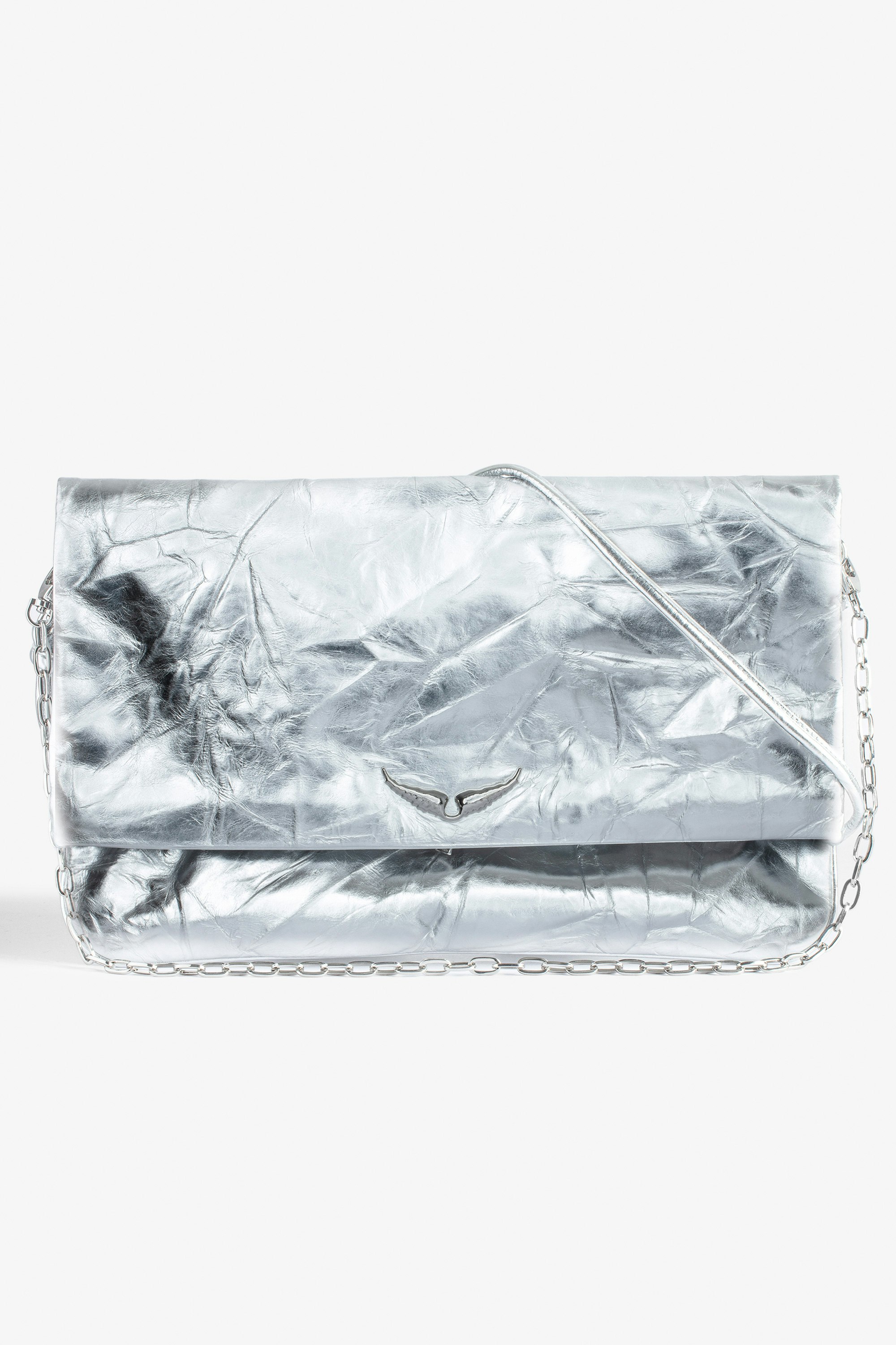 Rock Eternal XL Metallic Clutch - Rock silver metallic crinkled leather clutch with double leather and chain strap.