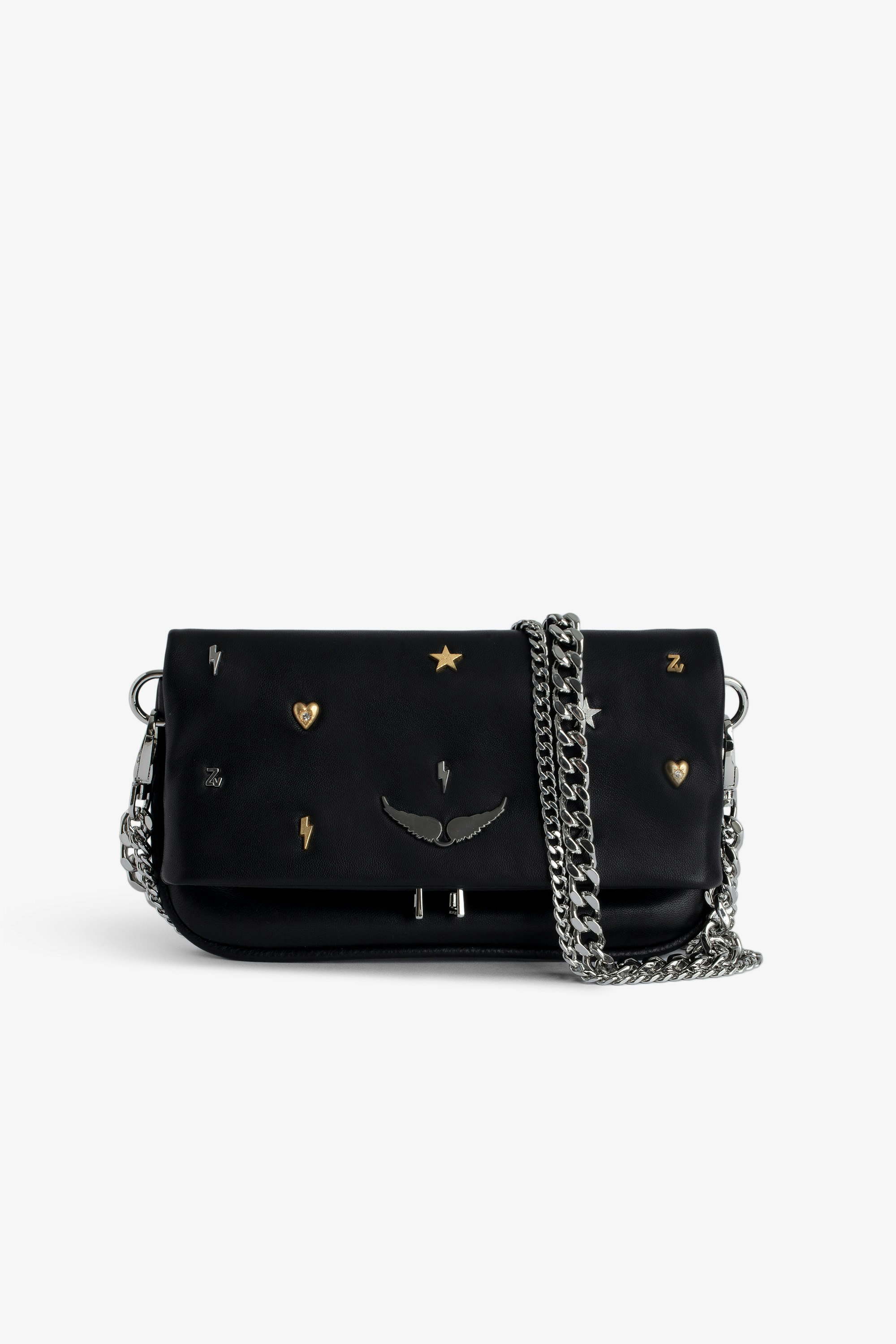 Rock Nano Lucky Charms Clutch - Small black smooth leather clutch with double chain decorated with lucky charms.
