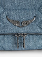 Rocky Denim Glitter Quilted Bag - Glitter quilted denim bag with shoulder strap, chain and wings.