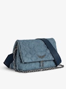 Rocky Denim Glitter Quilted Bag - Glitter quilted denim bag with shoulder strap, chain and wings.