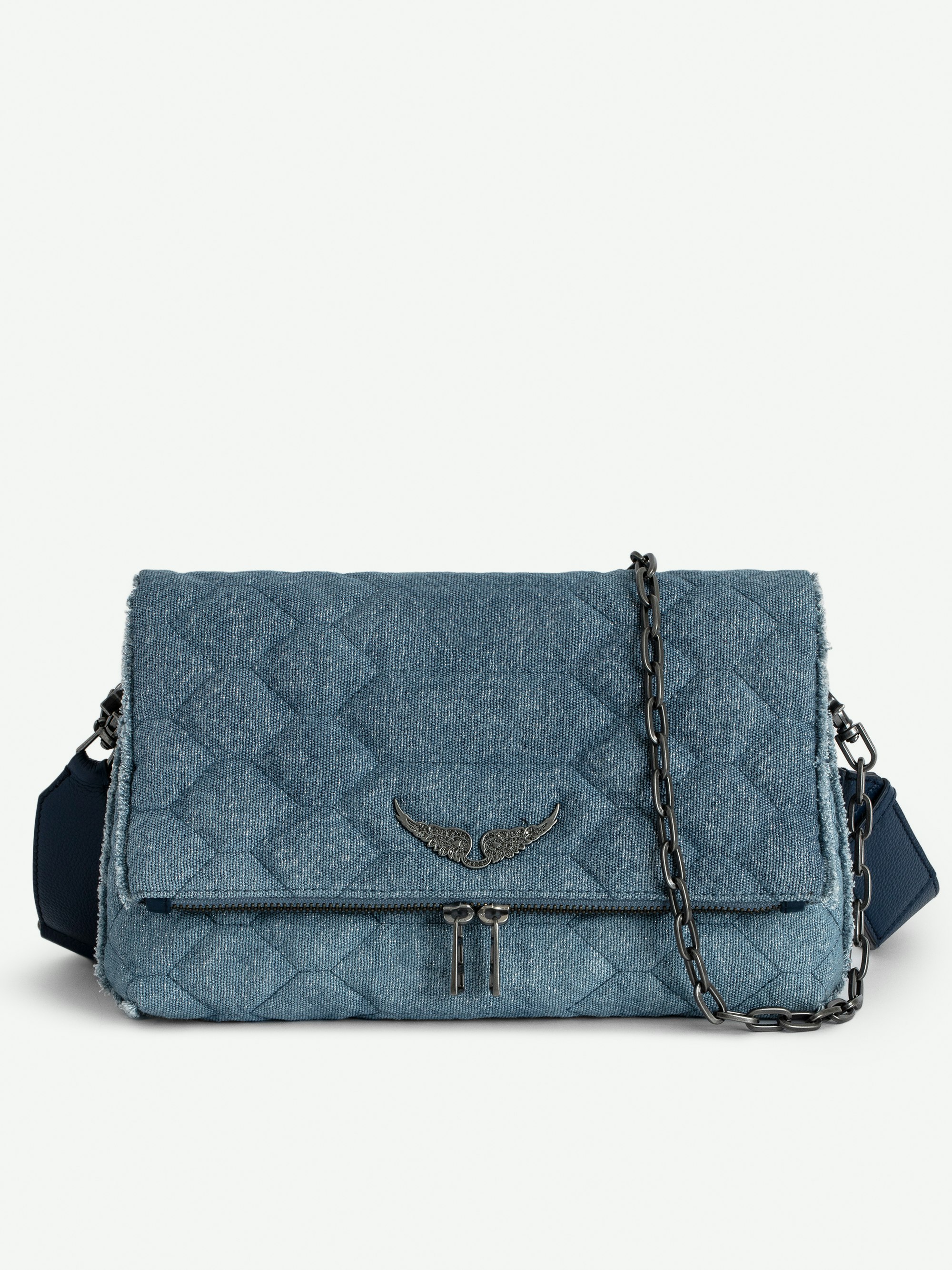 Rocky Denim Glitter Quilted Bag - Glitter quilted denim bag with shoulder strap, chain and wings.