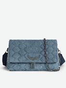 Rocky Denim Glitter Quilted Bag - Glitter quilted denim bag with shoulder strap, chain and wings.