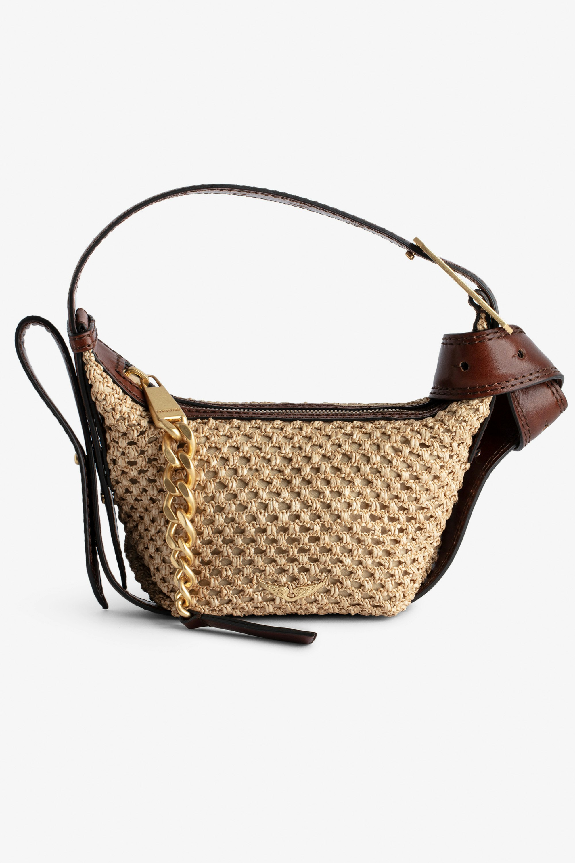 Handtasche Le Cecilia XS - Kleine, beigefarbene Handtasche im Korbstil mit Schulterriemen aus Leder und „C“-förmiger Metallschnalle.