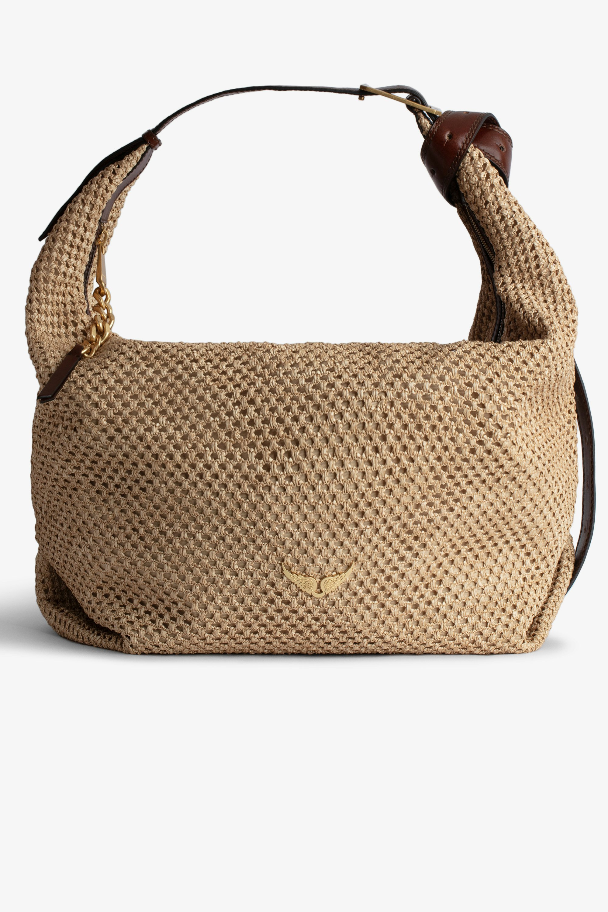 Le Cecilia XL - Large beige basket-style bag with leather shoulder strap and metallic C buckle.