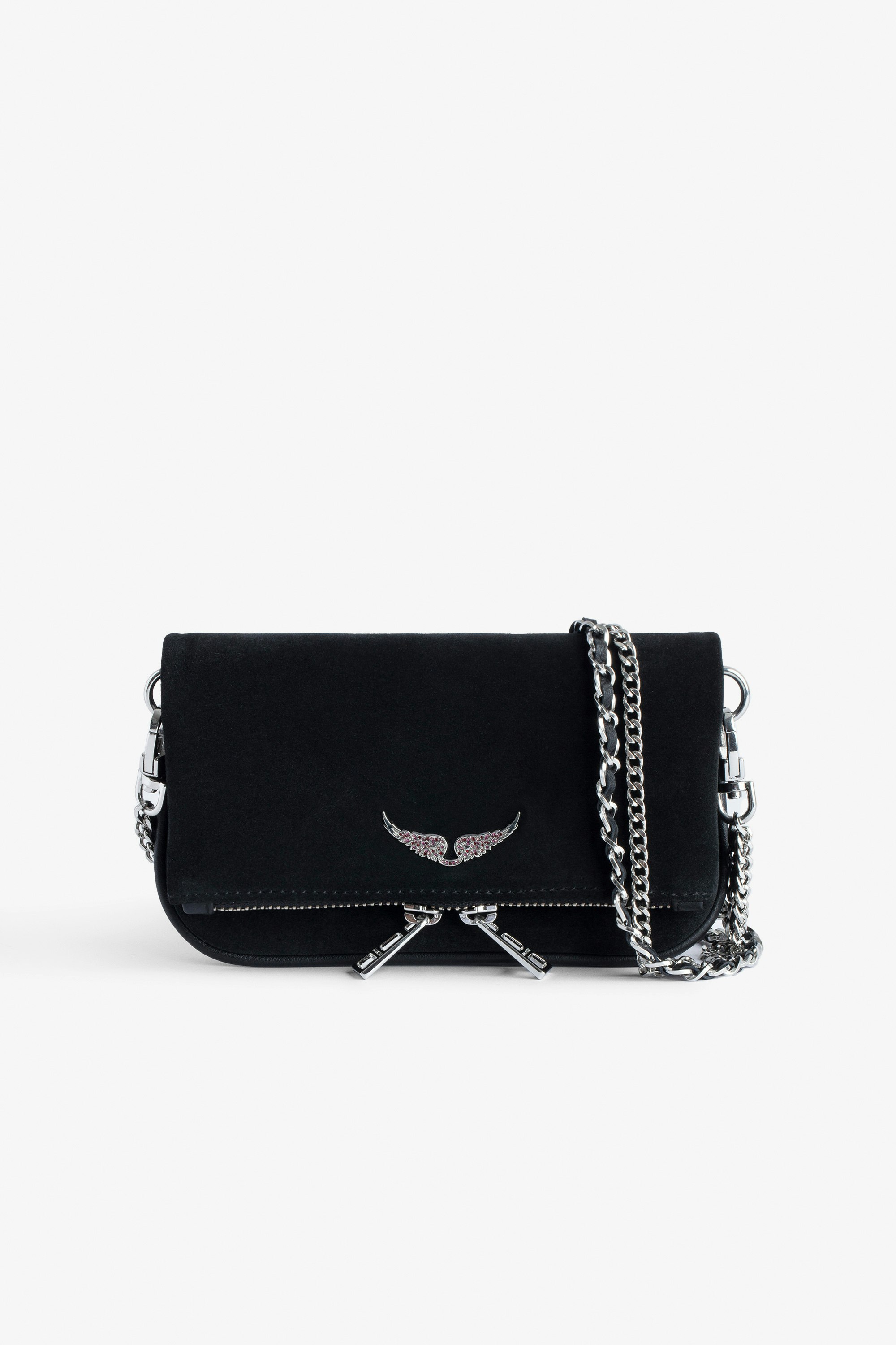 Rock Nano Suede Clutch - Small Rock Nano black suede clutch with double leather and metal chain strap.