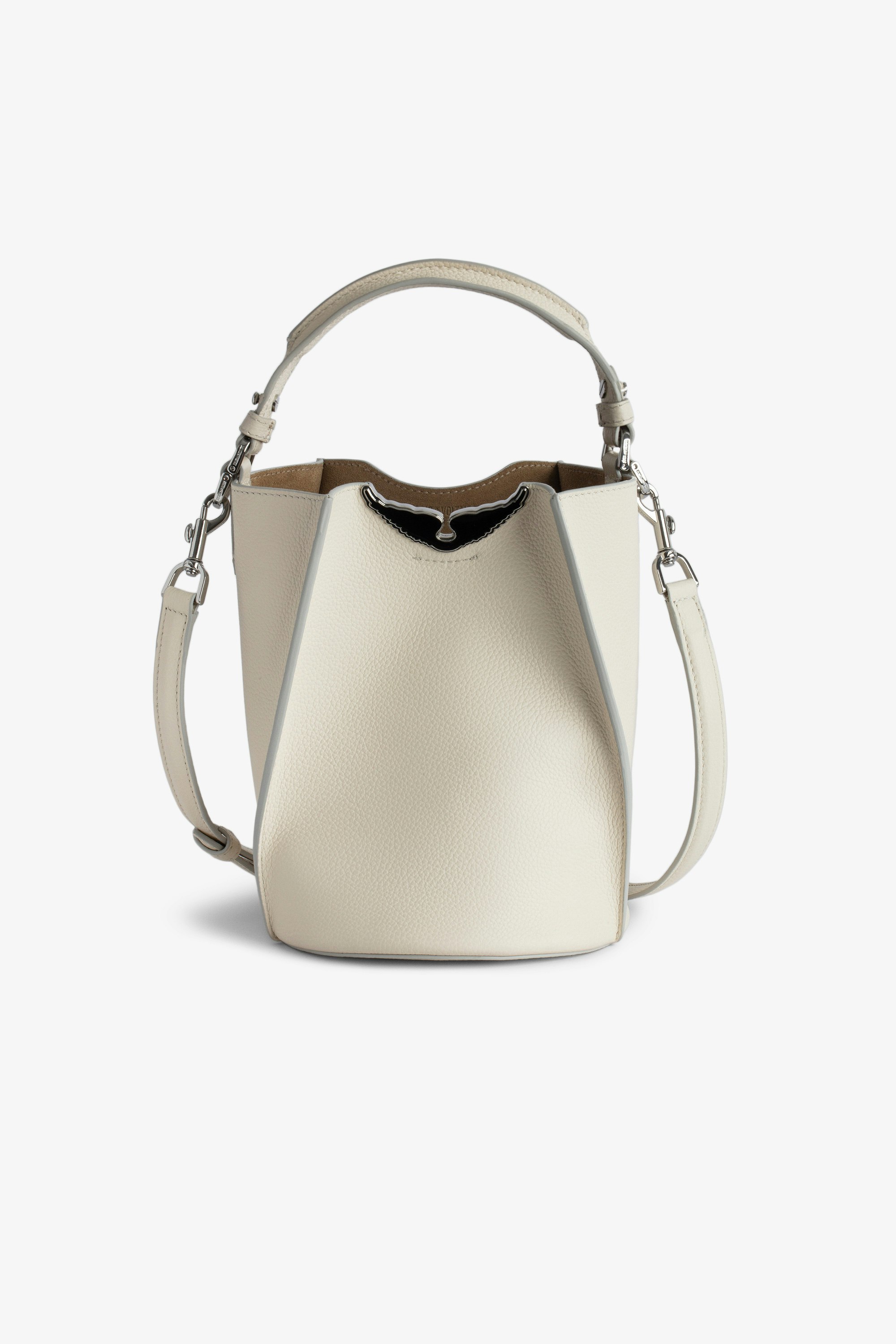Borderline Bucket Bag - Ecru grained leather bucket bag with handle, shoulder strap and lacquered wings signature.