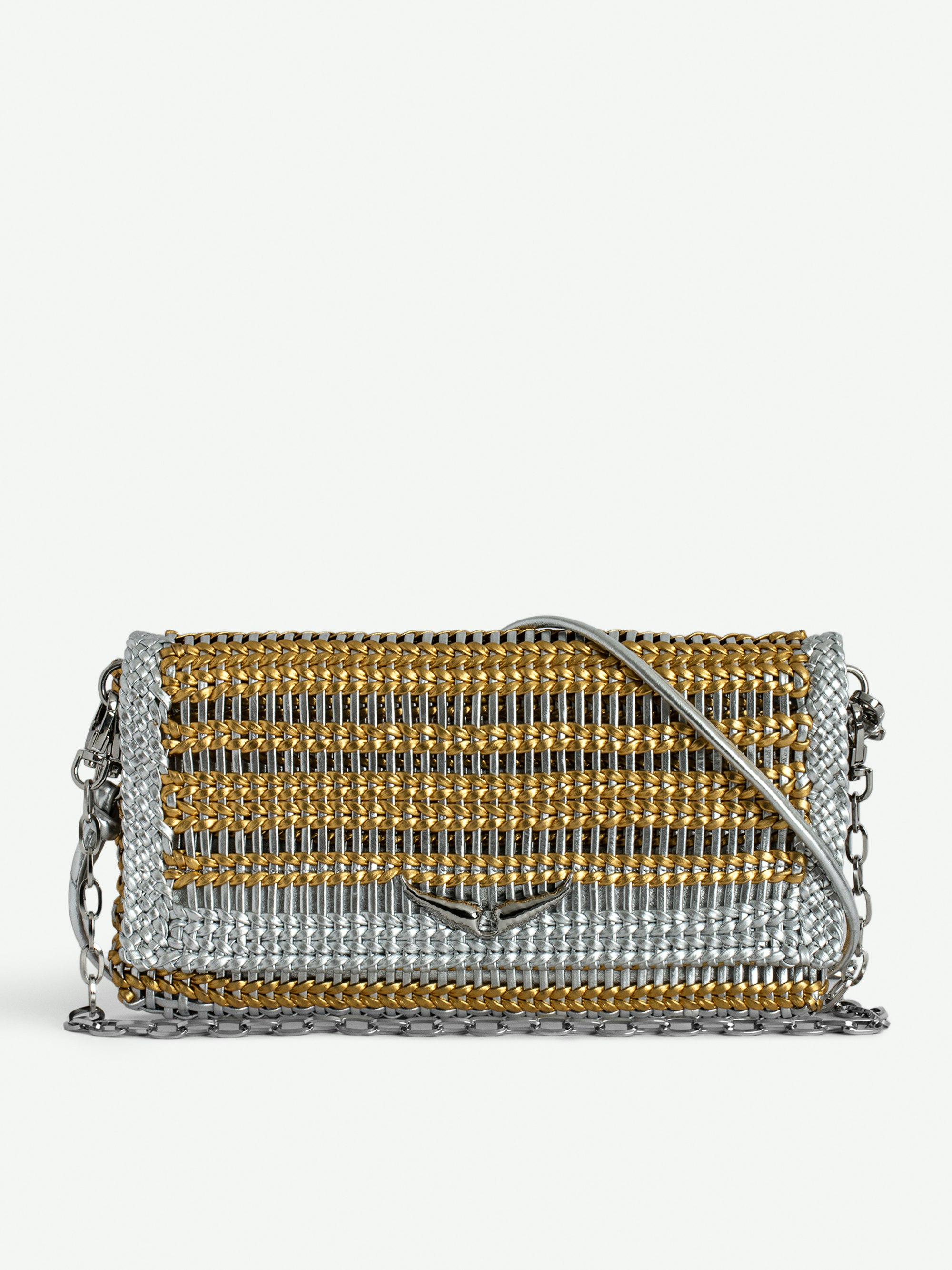 Rock Eternal Metallic Bag - Women’s silver braided smooth metallic leather clutch with tied shoulder strap, chain and wings.