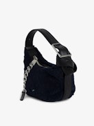 Le Cecilia XS Shearling Bag - Small navy blue shearling leather bag with leather shoulder strap and metal C buckle.