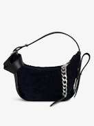 Le Cecilia XS Shearling Bag - Small navy blue shearling leather bag with leather shoulder strap and metal C buckle.