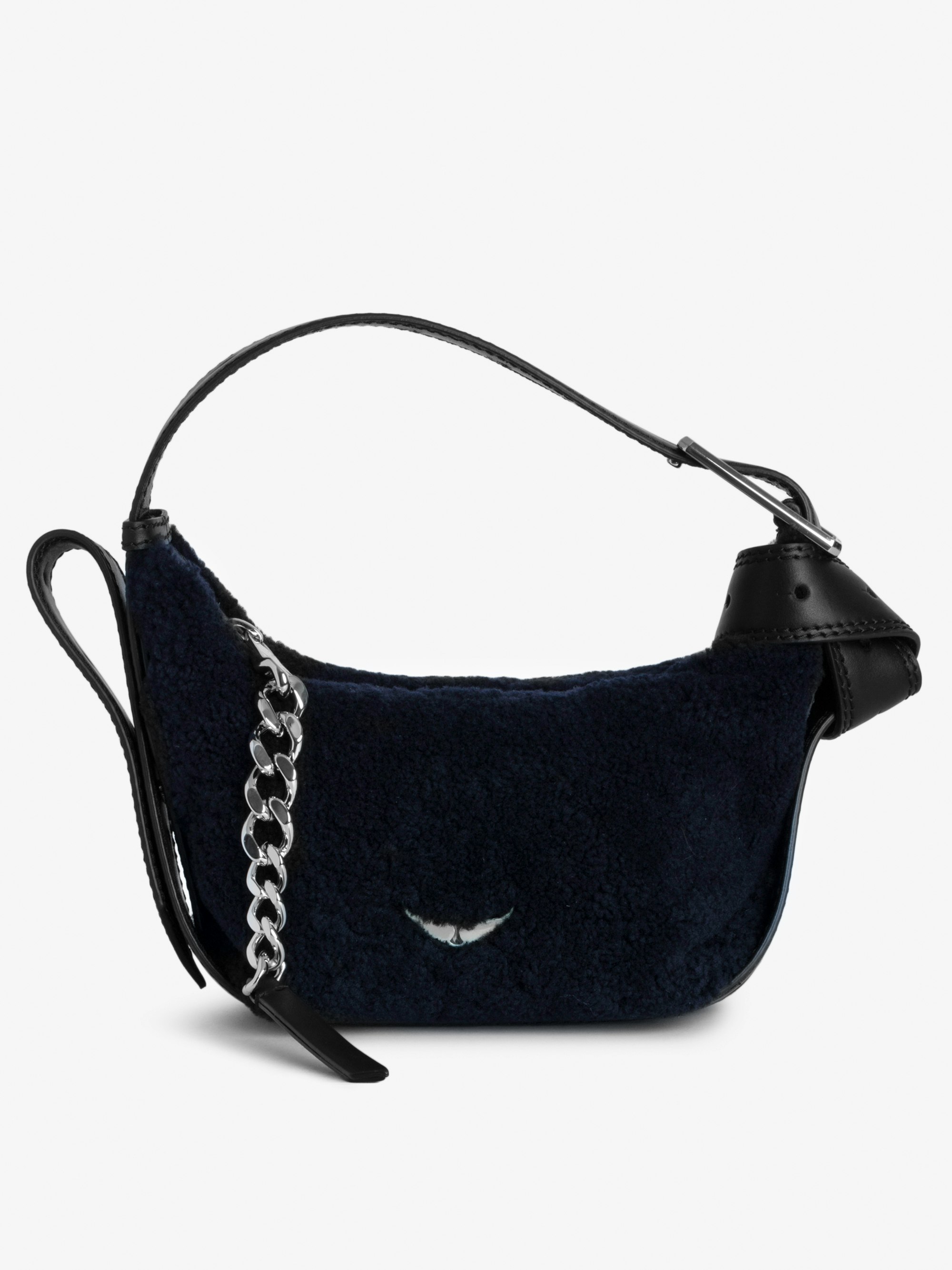 Le Cecilia XS Shearling Bag - Small navy blue shearling leather bag with leather shoulder strap and metal C buckle.