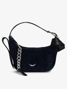 Le Cecilia XS Shearling Bag - Small navy blue shearling leather bag with leather shoulder strap and metal C buckle.