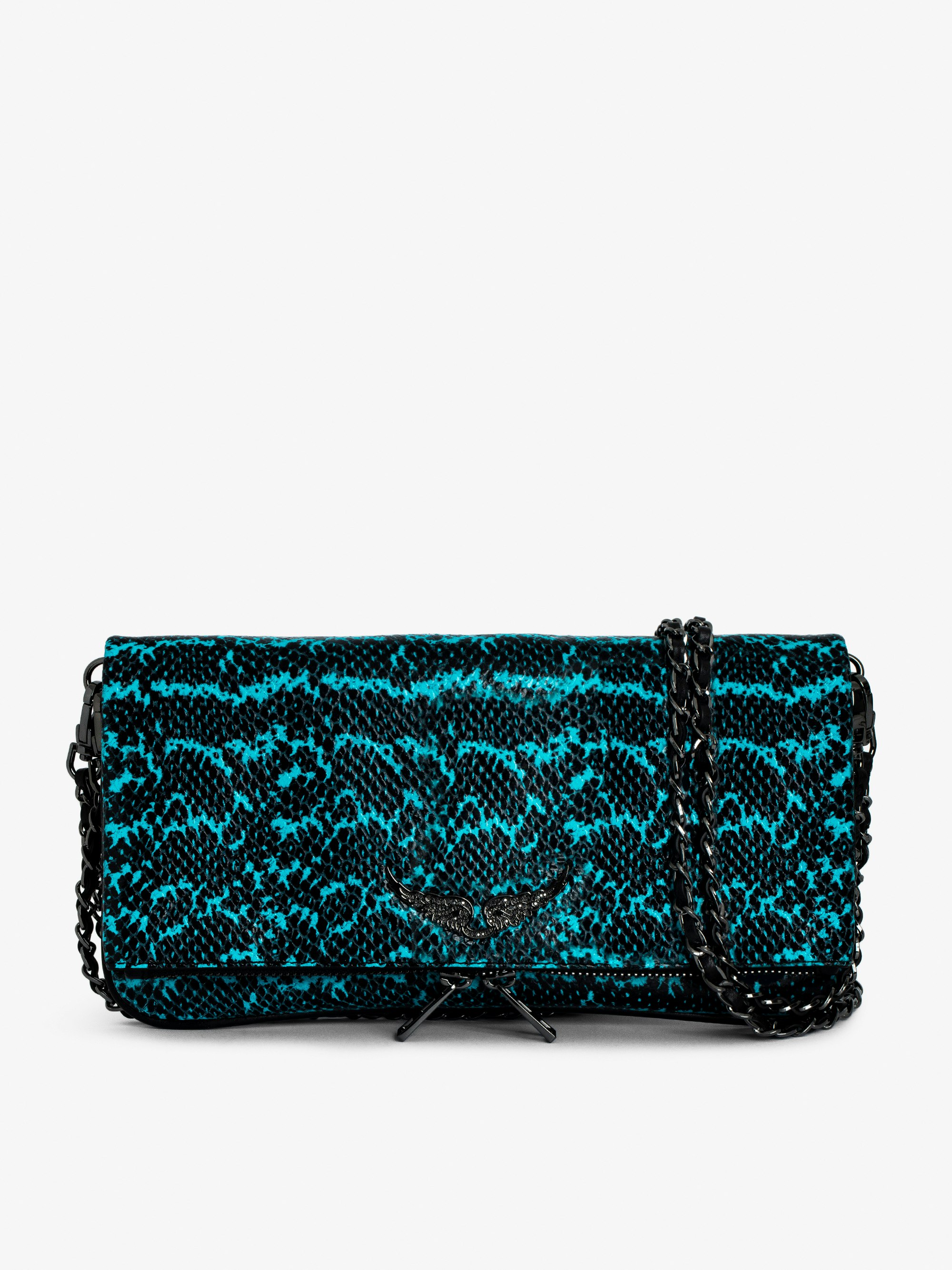 Rock Wild Clutch - Snakeskin-effect leather clutch with double chain and signature wings.