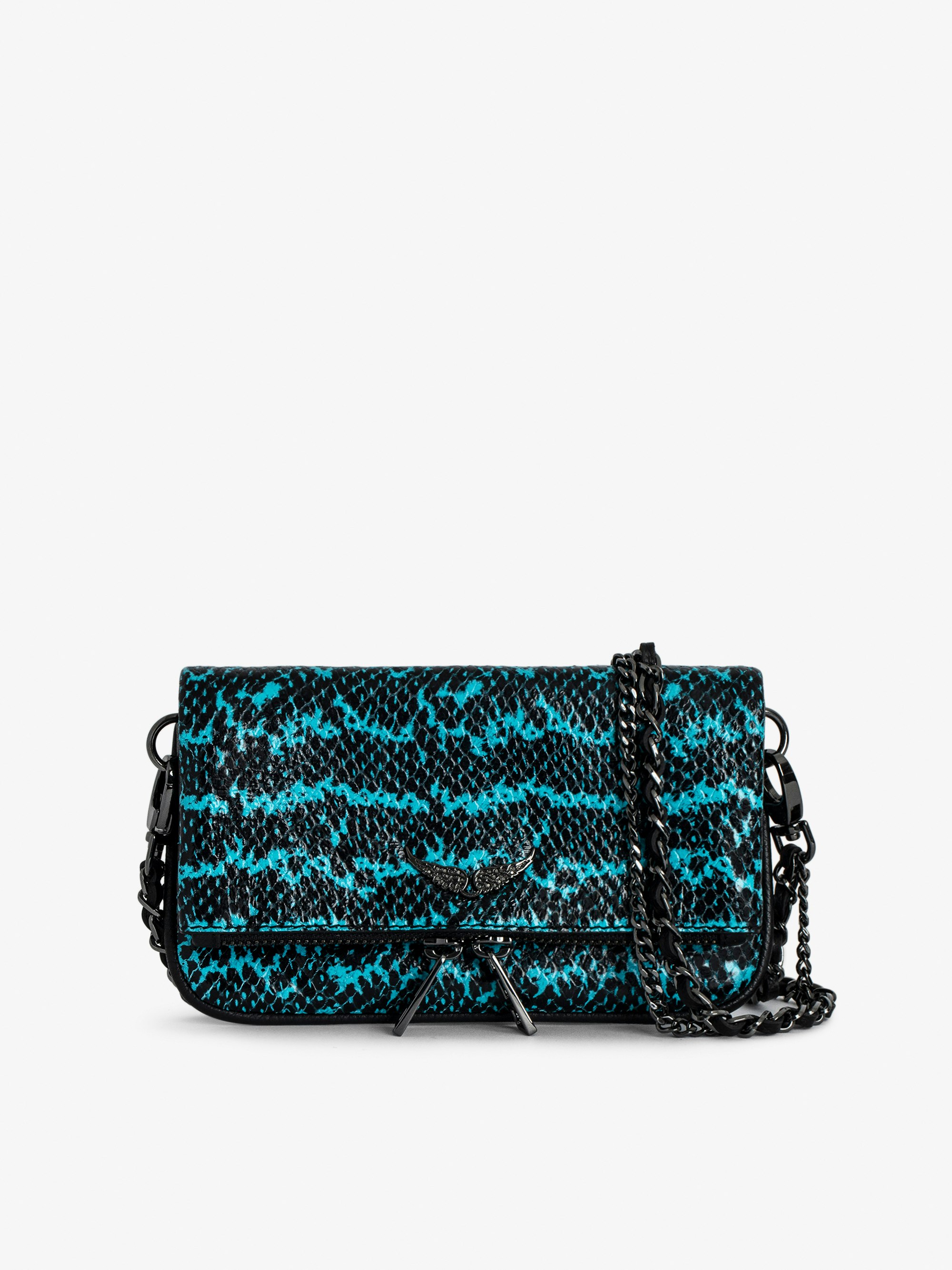 Rock Nano Wild Clutch - Small blue snakeskin-effect leather clutch with double chain and signature wings.