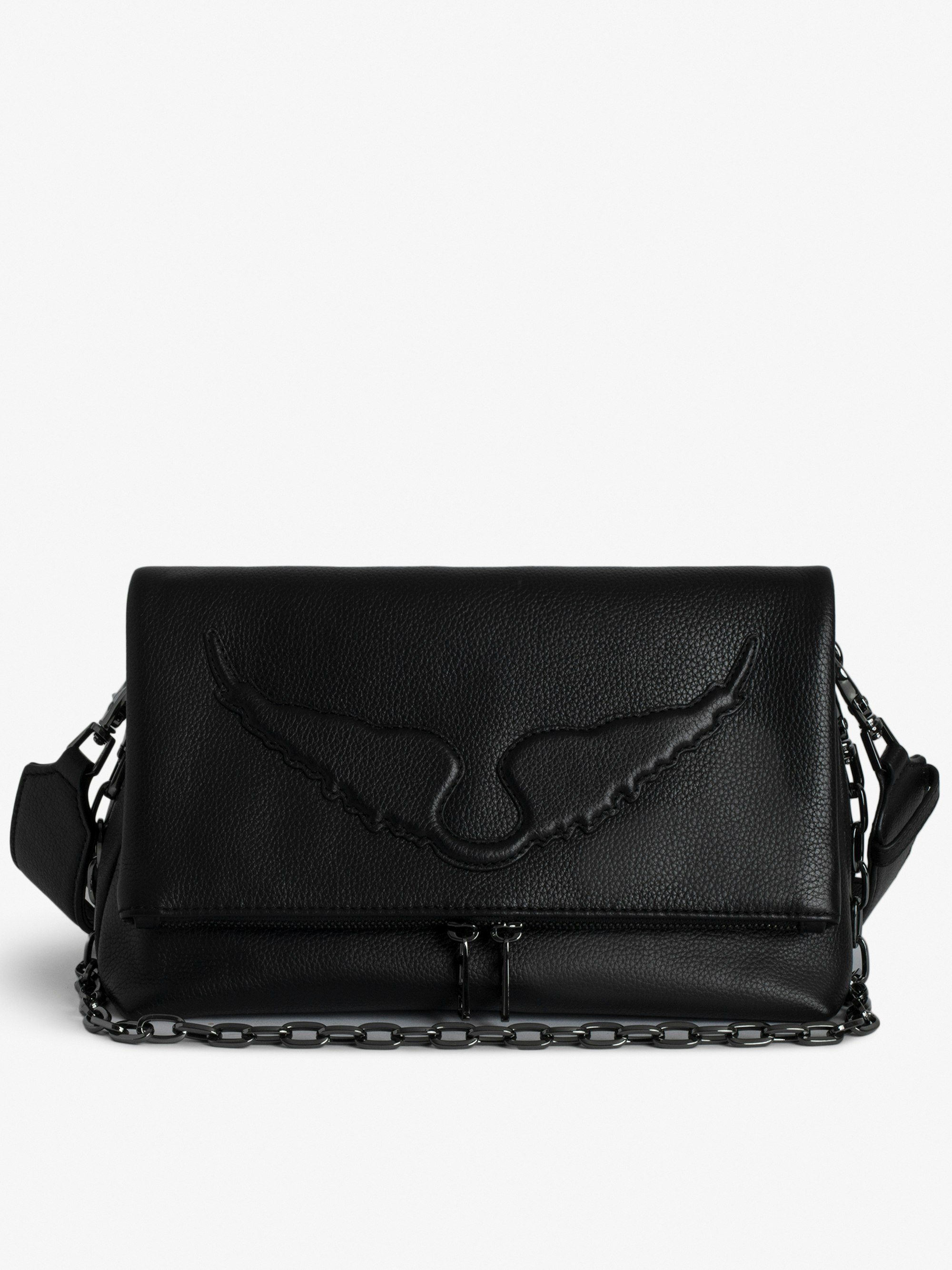 Rocky Bag - Black grained leather bag with chain, shoulder strap and signature embossed wings.