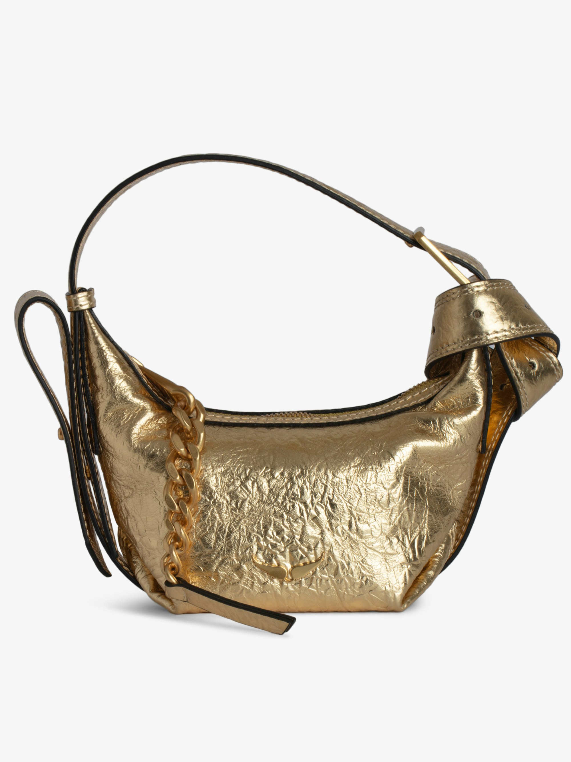 Le Cecilia XS Bag - Small metallic gold leather bag with crinkle effect, shoulder strap and metal C buckle.