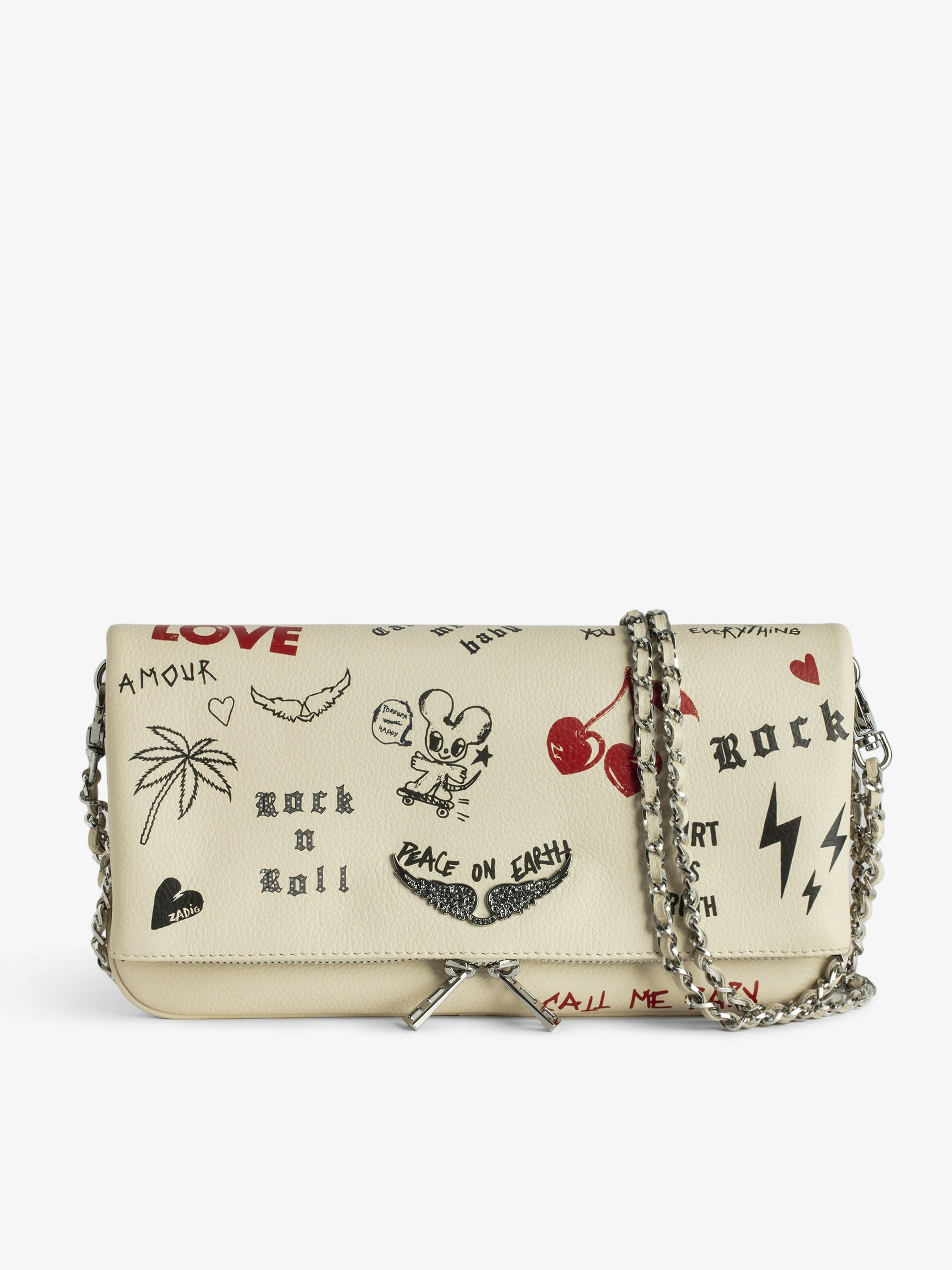 Rock Tasche - Pochette aus genarbtem Leder mit Love Tag-Print, doppelter Leder- und Metallkette sowie Flügeln mit Strassverzierung.