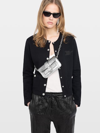 Kate Wallet Vintage Metal Bag - Silver metallic leather mini bag with ring and chain.