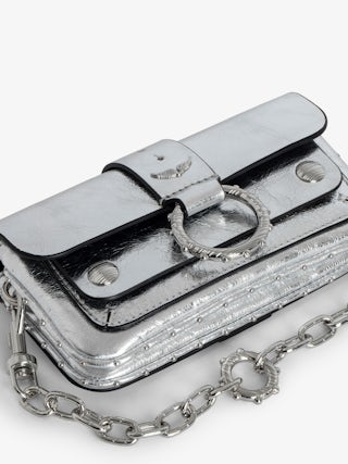 Kate Wallet Vintage Metal Bag - Silver metallic leather mini bag with ring and chain.