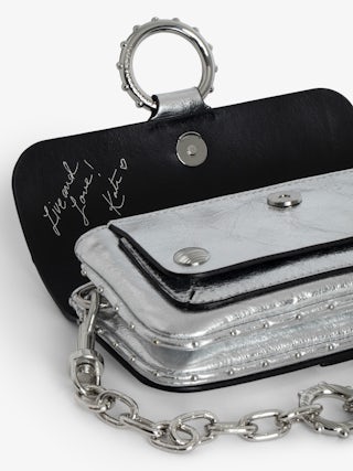 Kate Wallet Vintage Metal Bag - Silver metallic leather mini bag with ring and chain.