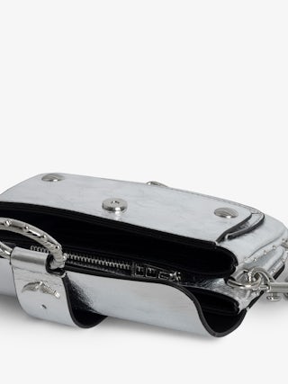 Kate Wallet Vintage Metal Bag - Silver metallic leather mini bag with ring and chain.