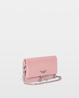 Rock Nano Clutch - Women’s brown grained leather clutch with double leather and metal chain strap.