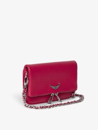 Rock Nano Clutch - Grained leather pochette with double leather and metal chains and rhinestone-adorned wings.