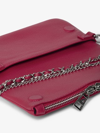 Rock Nano Clutch - Grained leather pochette with double leather and metal chains and rhinestone-adorned wings.