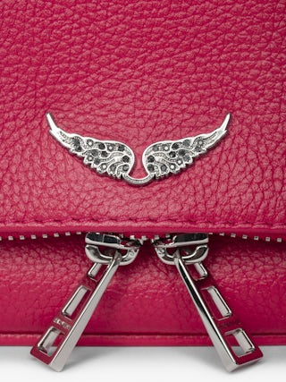 Rock Nano Clutch - Grained leather pochette with double leather and metal chains and rhinestone-adorned wings.