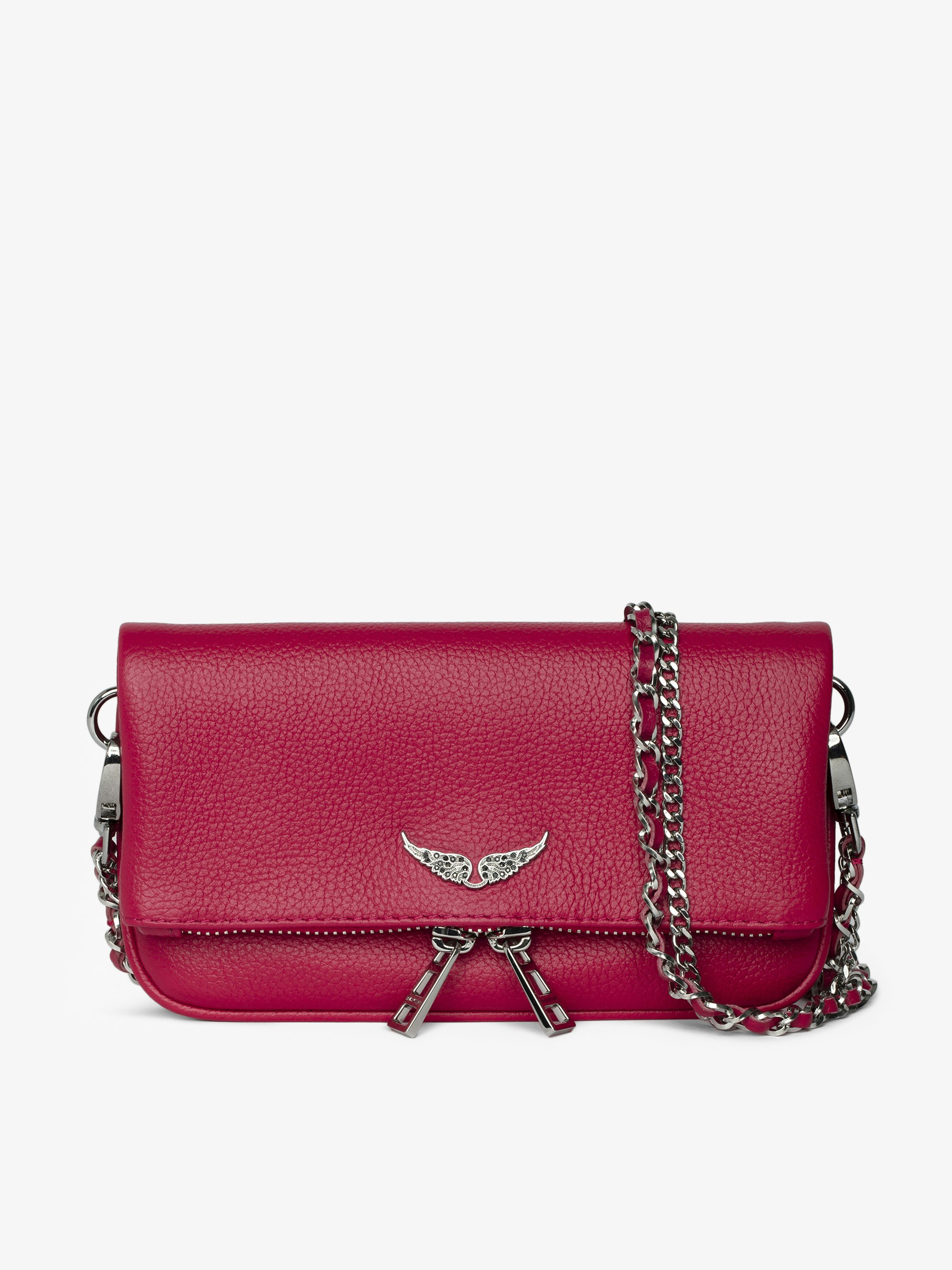 Pochette Rock Nano - Pochette en cuir grainé à double chaînes cuir et métal et ailes ornées de strass.