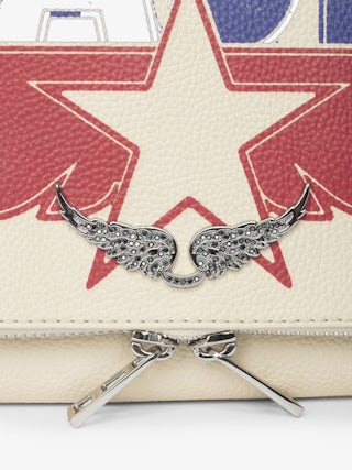 Rock Clutch - Grained leather pochette with double leather and metal chain and rhinestone-embellished wings.