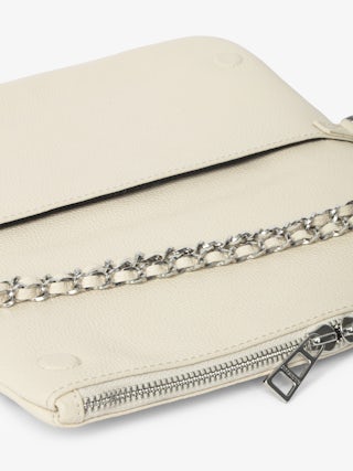 Rock Clutch - Grained leather pochette with double leather and metal chain and rhinestone-embellished wings.
