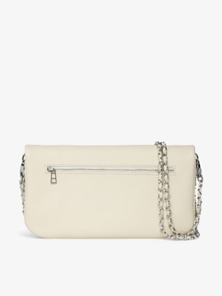 Rock Clutch - Grained leather pochette with double leather and metal chain and rhinestone-embellished wings.