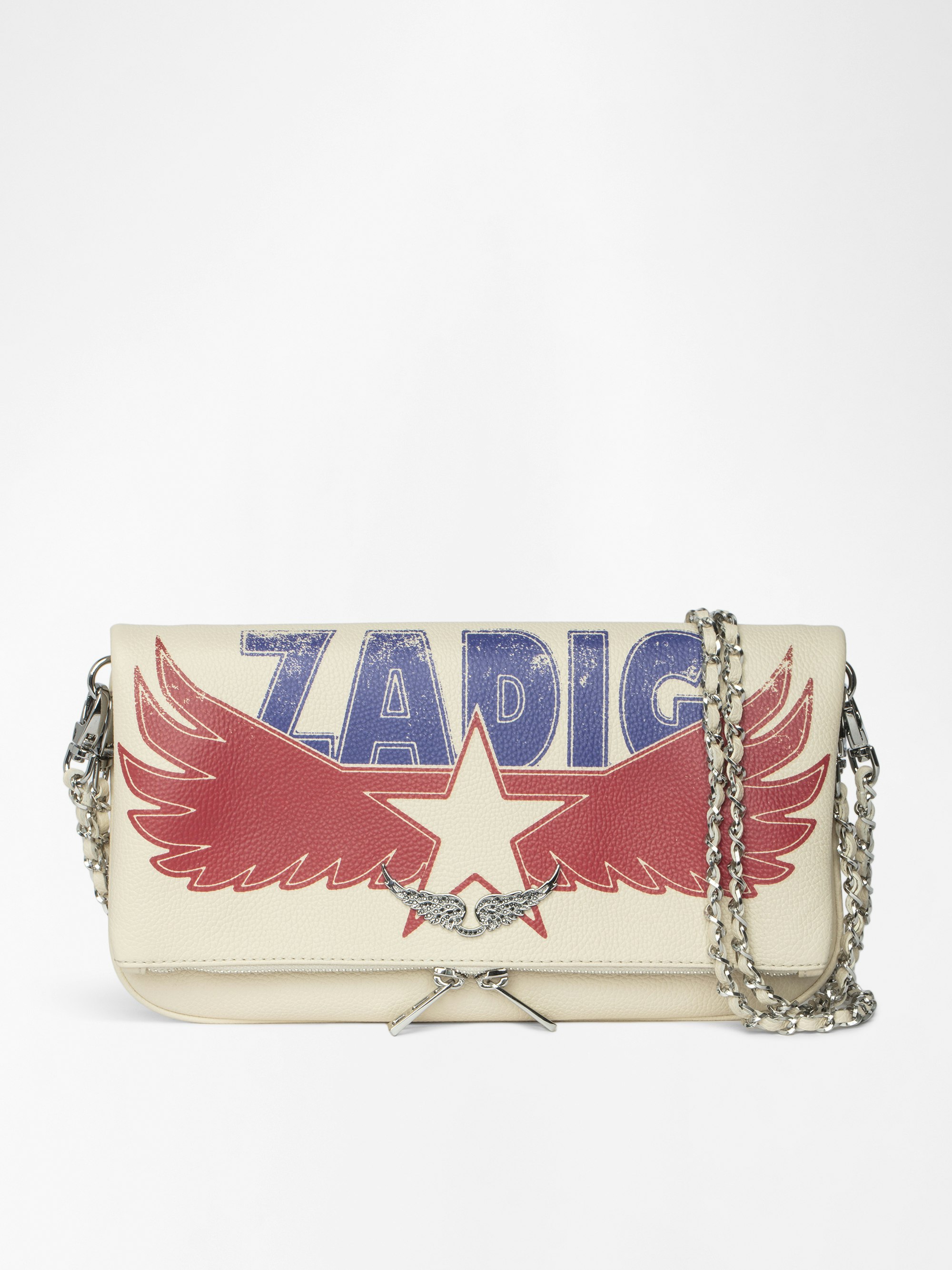 Pochette Rock - Pochette aus genarbtem Leder mit doppelter Kette aus Leder und Metall und mit Strass verzierten Flügeln.