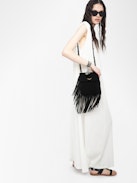 Rockson Nano Suede Clutch - Suede clutch with signature wings and shoulder strap.