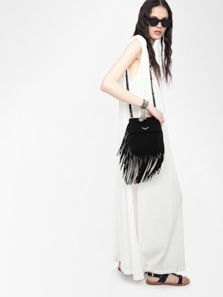 Rockson Nano Suede Clutch - Suede clutch with signature wings and shoulder strap.