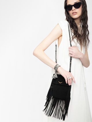 Rockson Nano Suede Clutch - Suede clutch with signature wings and shoulder strap.